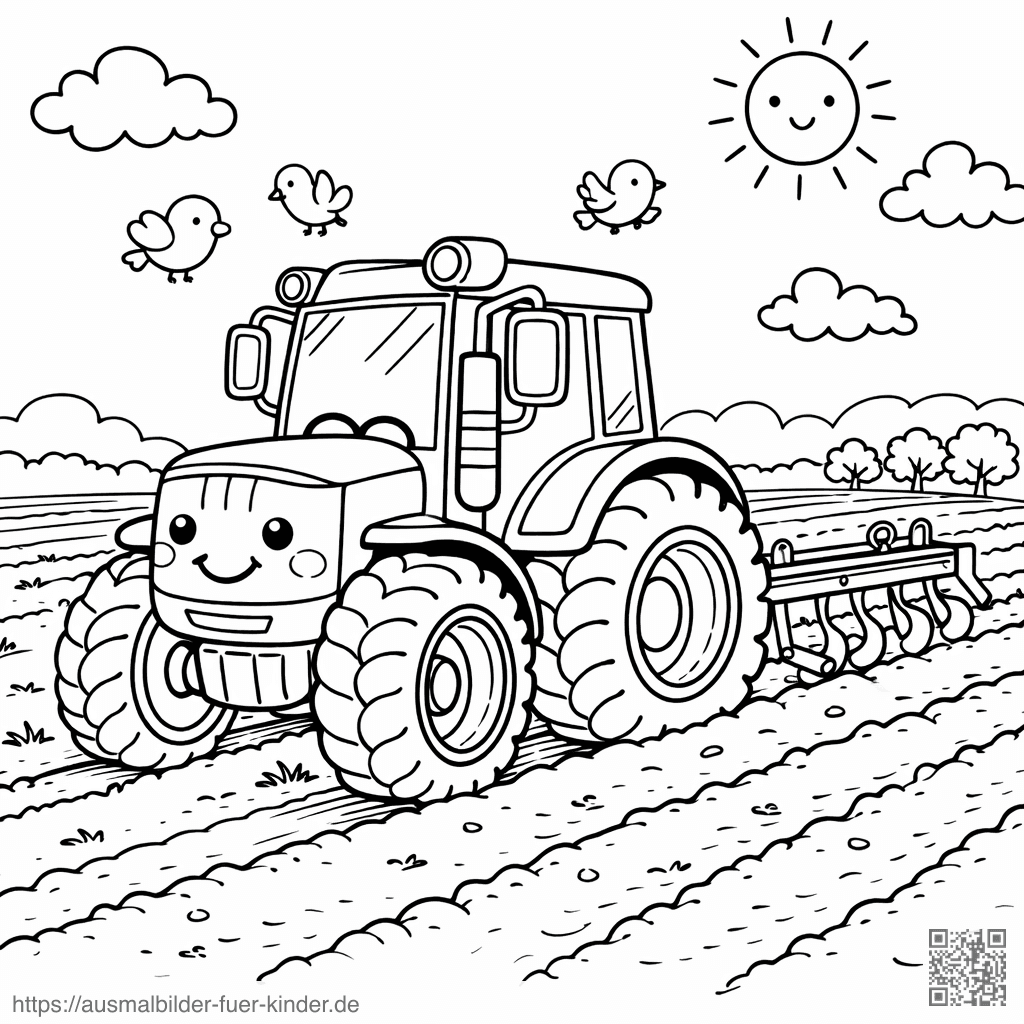 Kawaii-Traktor beim Pflügen der Felder - Ausmalbild Kawaii-Traktor beim Pflügen der Felder - Ausmalbild