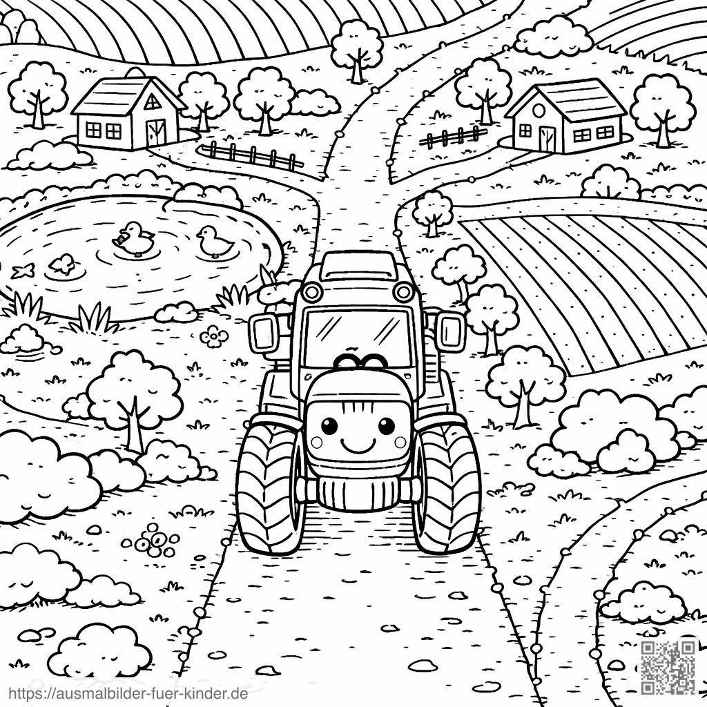 Lächelnder Traktor auf ländlichem Weg - Ausmalbild Lächelnder Traktor auf ländlichem Weg - Ausmalbild