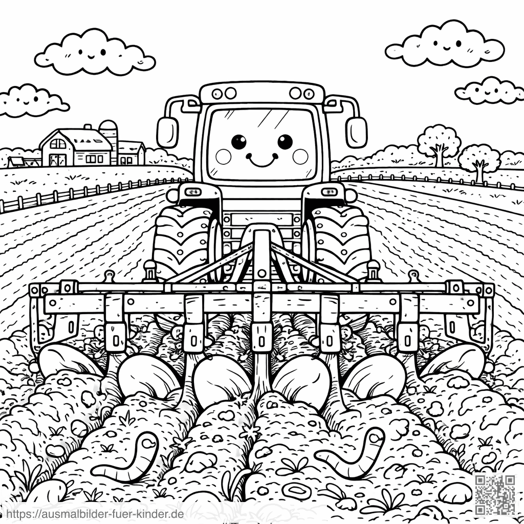 Lächelnder Traktor mit Pflug im Feld - Ausmalbild Lächelnder Traktor mit Pflug im Feld - Ausmalbild