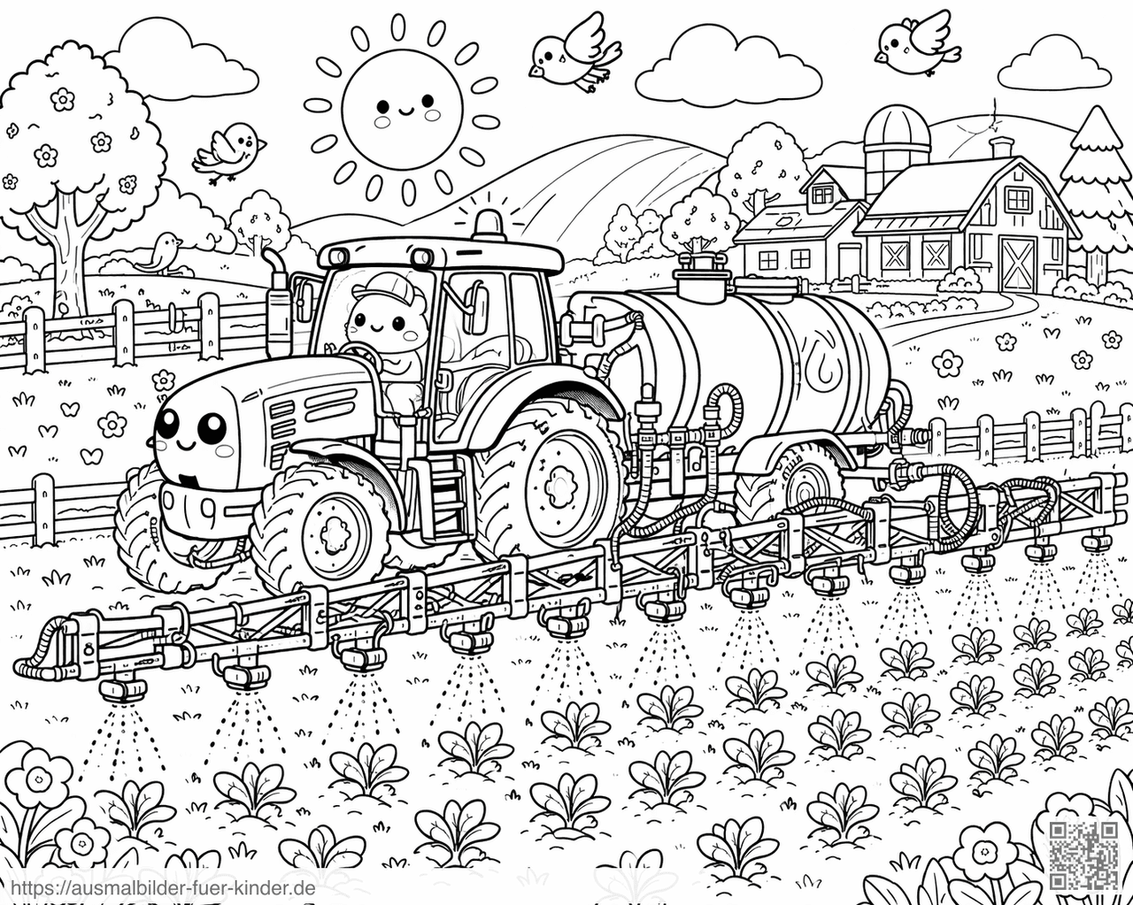 Lustige Traktor-Sprühfahrt auf dem Bauernhof - Ausmalbild Lustige Traktor-Sprühfahrt auf dem Bauernhof - Ausmalbild