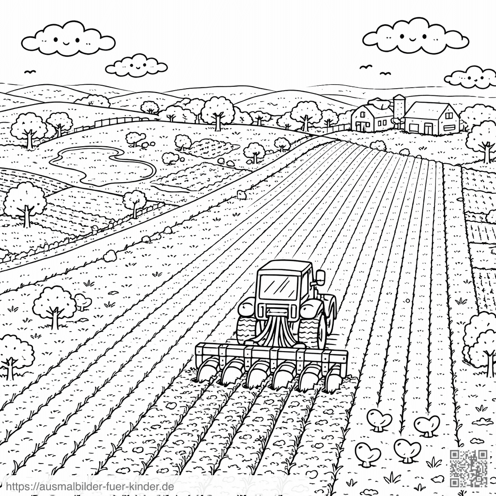 Süßes Bauernhofpanorama mit Traktor - Ausmalbild Süßes Bauernhofpanorama mit Traktor - Ausmalbild