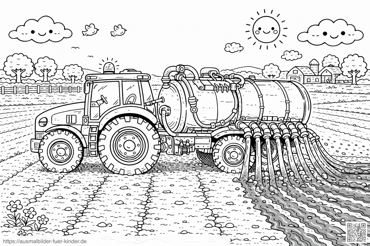 Schlepper mit Güllefass auf dem Feld - Ausmalbild Schlepper mit Güllefass auf dem Feld - Ausmalbild