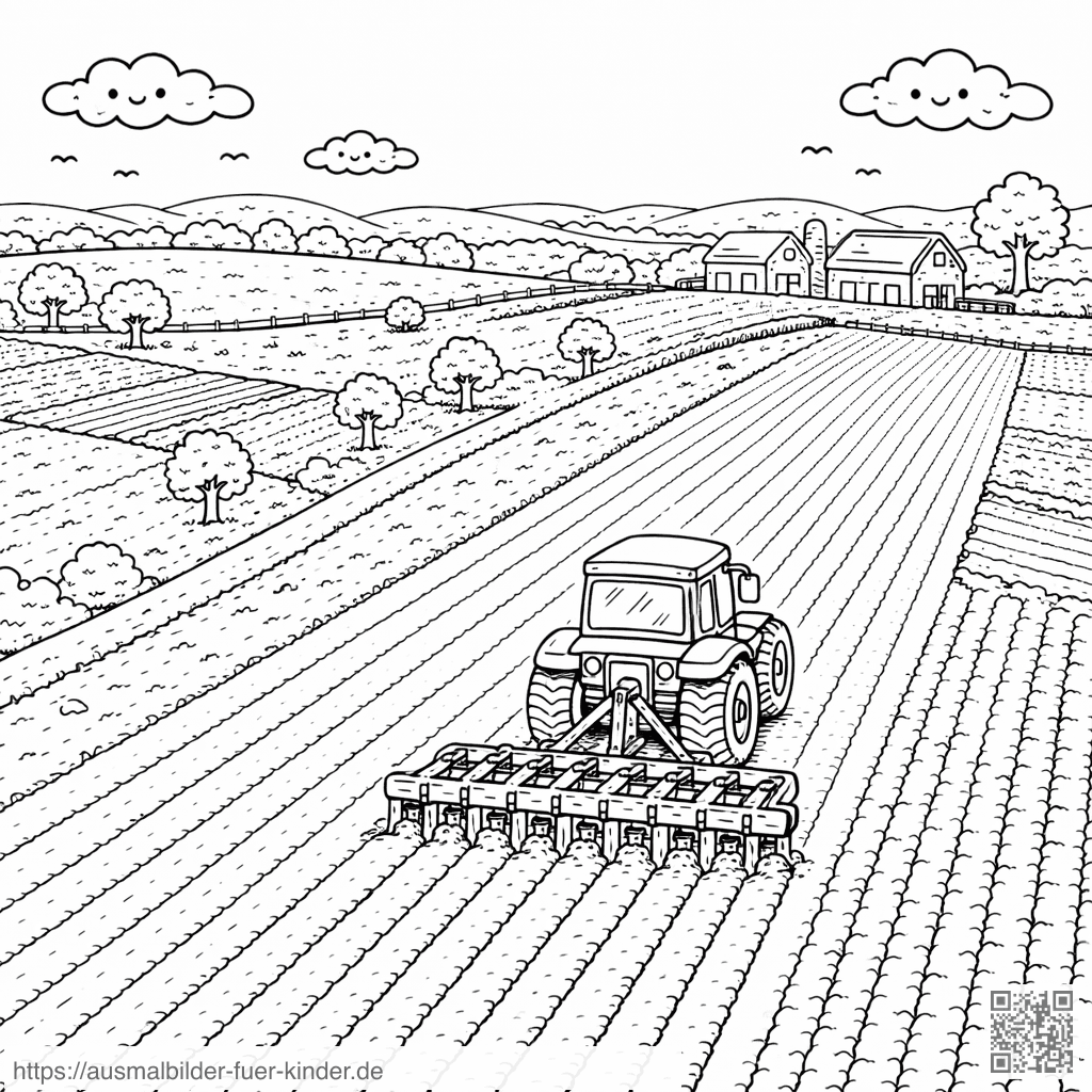 Traktor auf dem Bauernhof aus der Vogelperspektive - Ausmalbild Traktor auf dem Bauernhof aus der Vogelperspektive - Ausmalbild