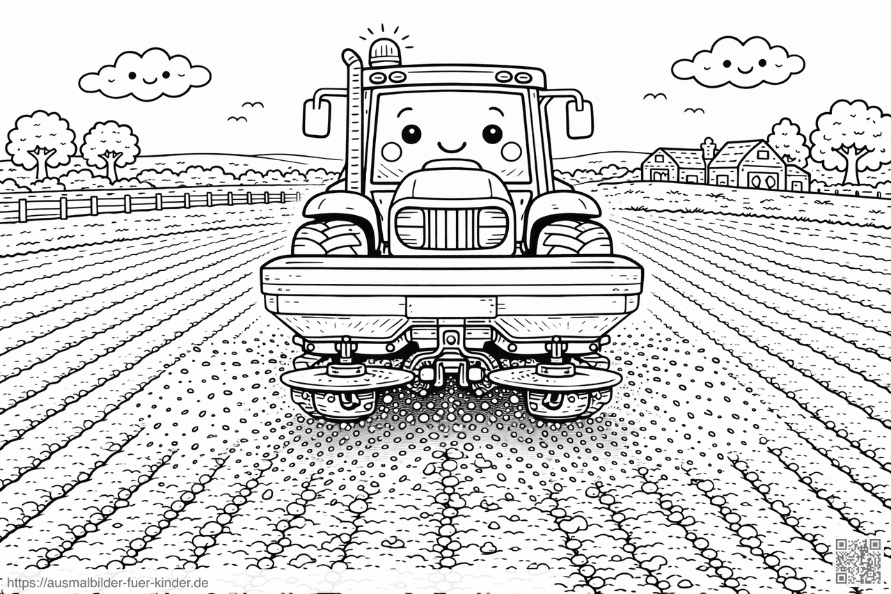 Traktor auf dem Feld mit Düngerstreuer - Ausmalbild Traktor auf dem Feld mit Düngerstreuer - Ausmalbild