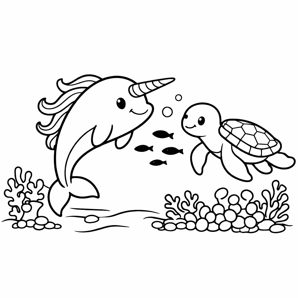 Unterwasserfreunde_ Ein Einhorn Und Eine Schildkröte - Ausmalbild