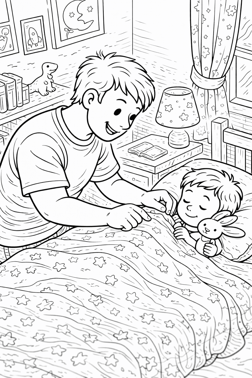 Vater tuckt Kind ins Bett - Ausmalbild