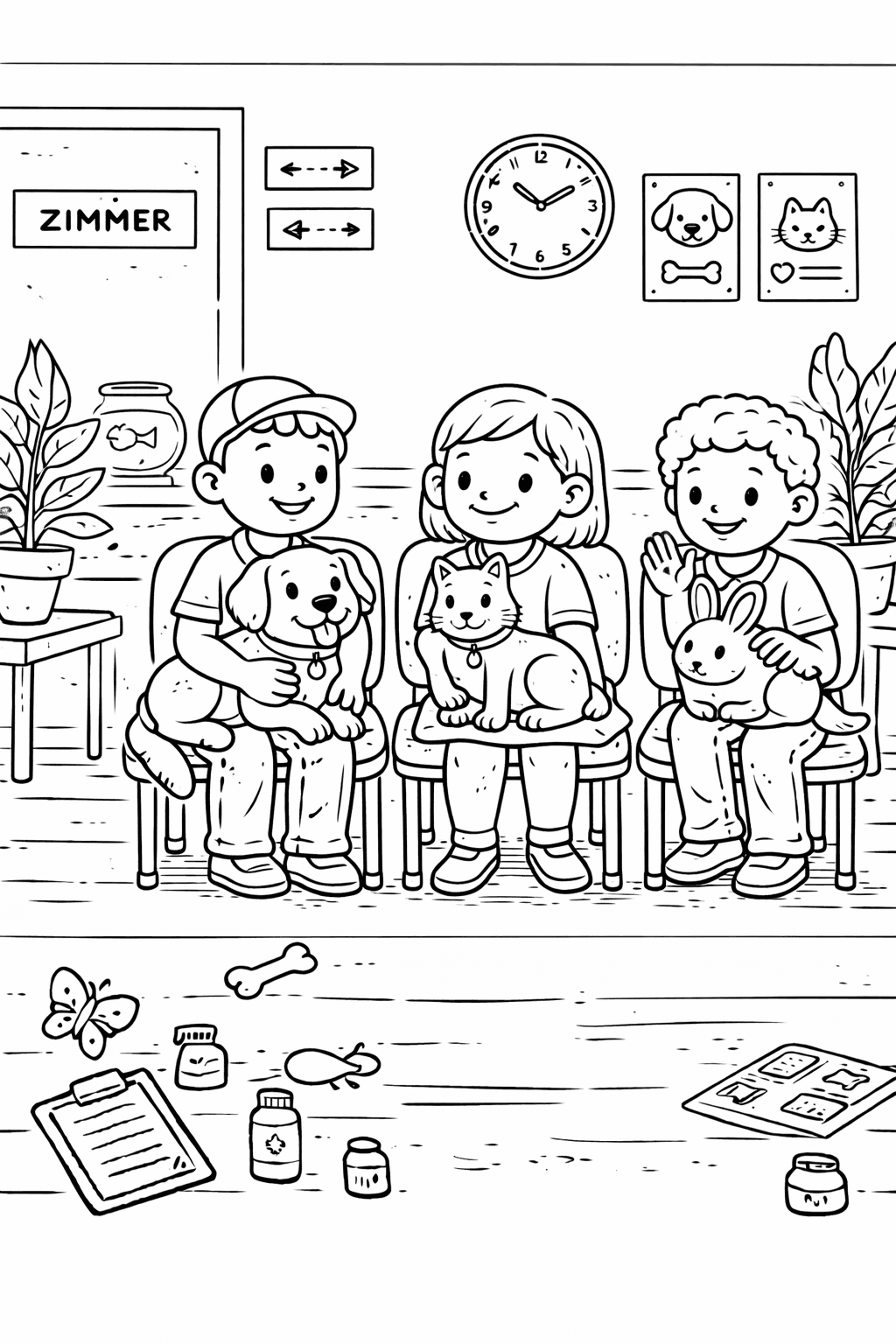 Warteschlange im tierärztlichen Wartezimmer - Ausmalbild