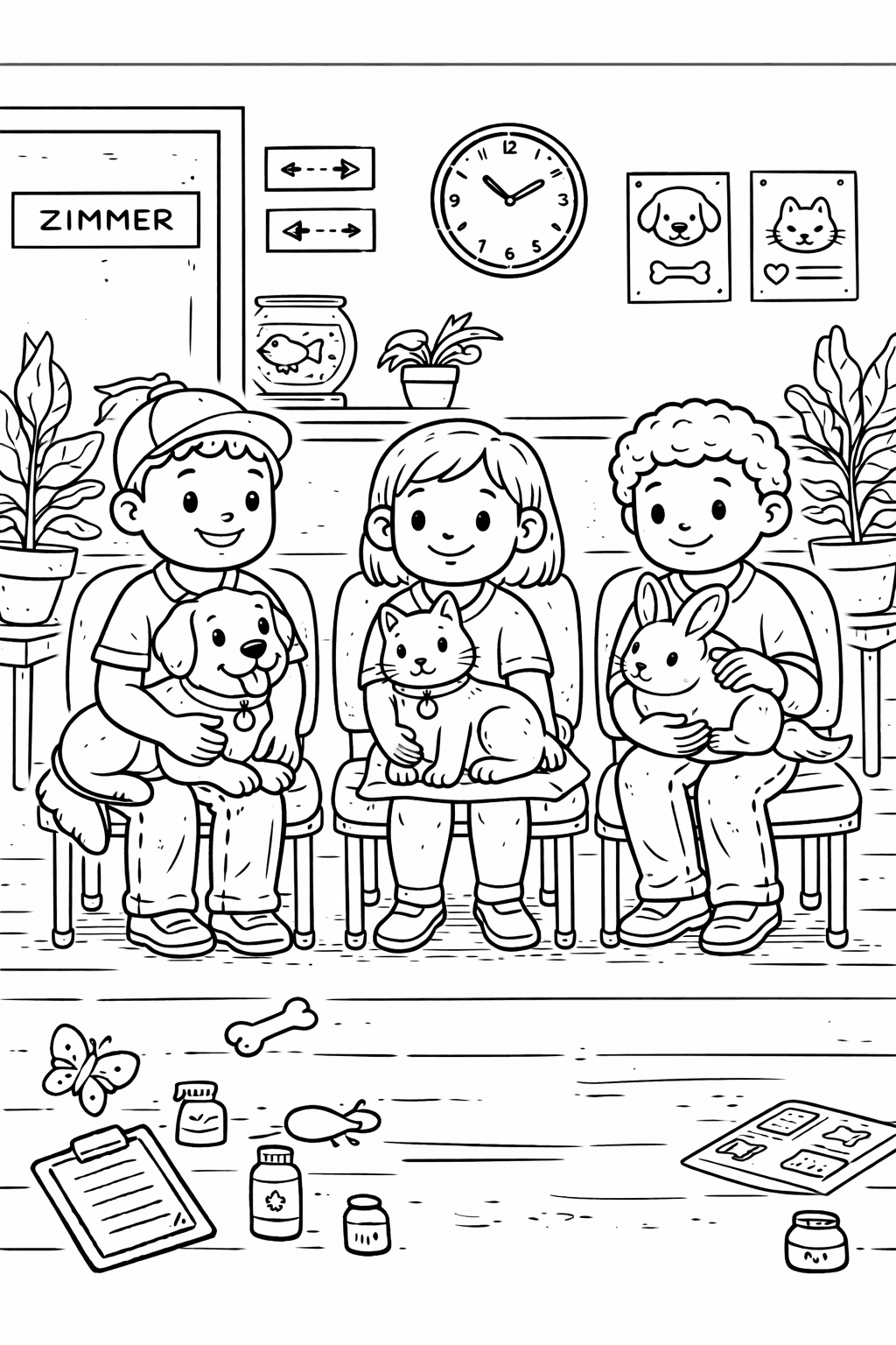 Wartezimmer in der Tierarztpraxis - Ausmalbild