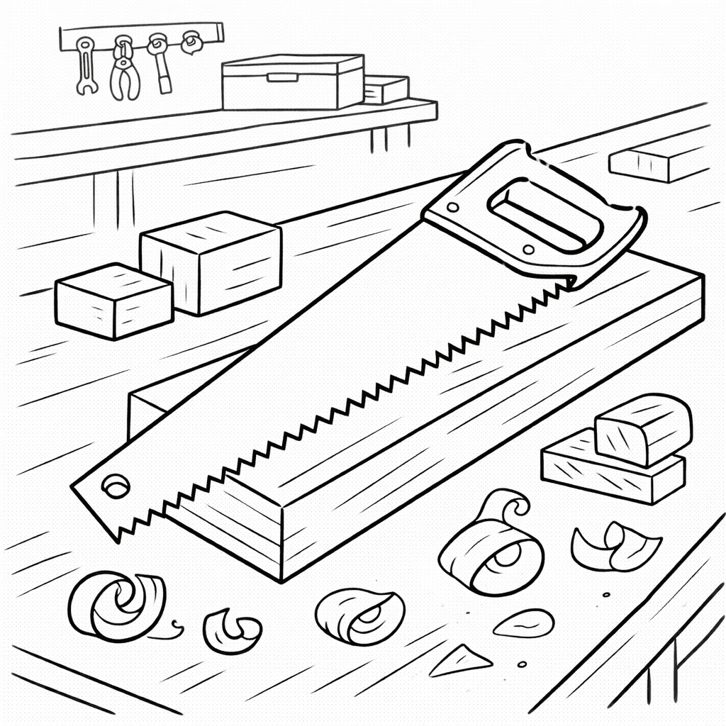 Werkbank mit Säge - Ausmalbild