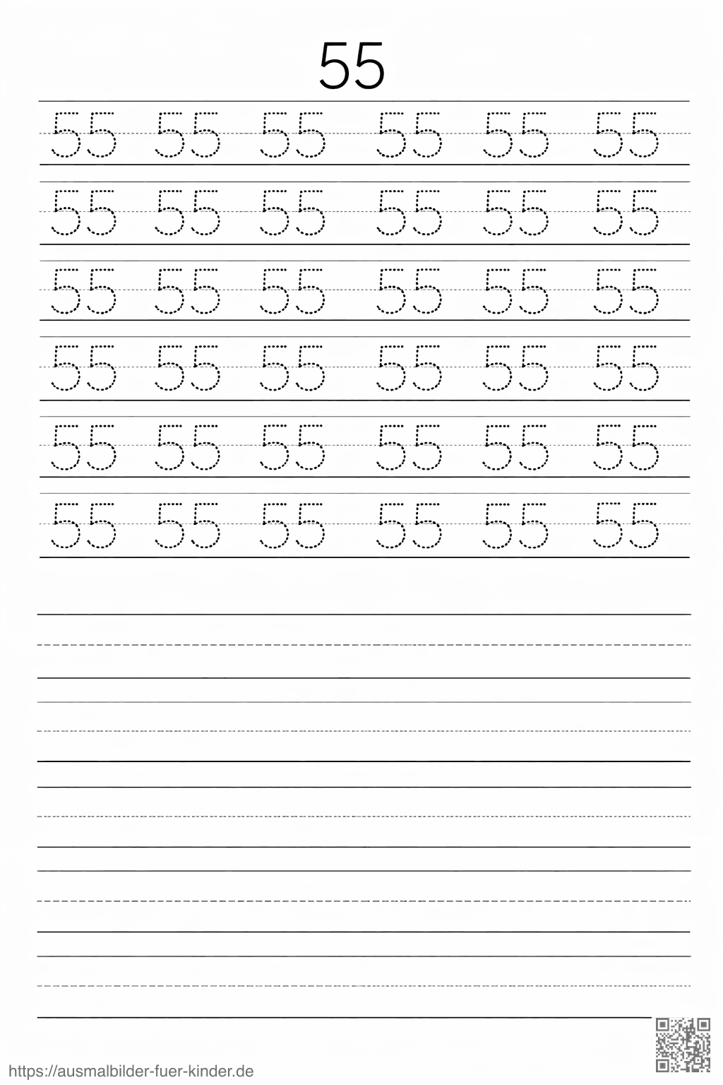 Übungsblatt zum Üben der Zahl 55 - Ausmalbild Übungsblatt zum Üben der Zahl 55 - Ausmalbild