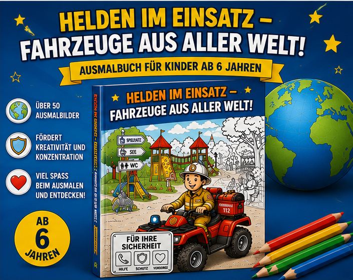 Blick ins Einsatzfahrzeuge-Ausmalbuch für Einsatzfahrzeuge aus aller Welt