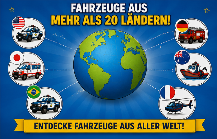 Feuerwehr, Polizei und Rettungsdienst zum Ausmalen für Einsatzfahrzeuge aus aller Welt